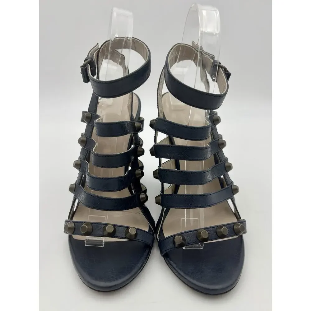 Balenciaga Wedge Sandals Navy Blue Leather Studded Size 39 / 9 Ankle Strap